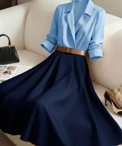 Elegant Two-Tone Belted Midi Dress