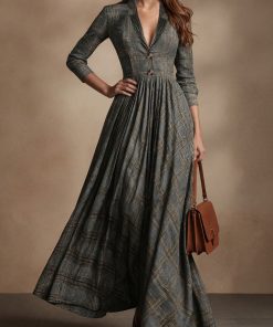 Classic Plaid V-Neck Long Sleeve Maxi Dress
